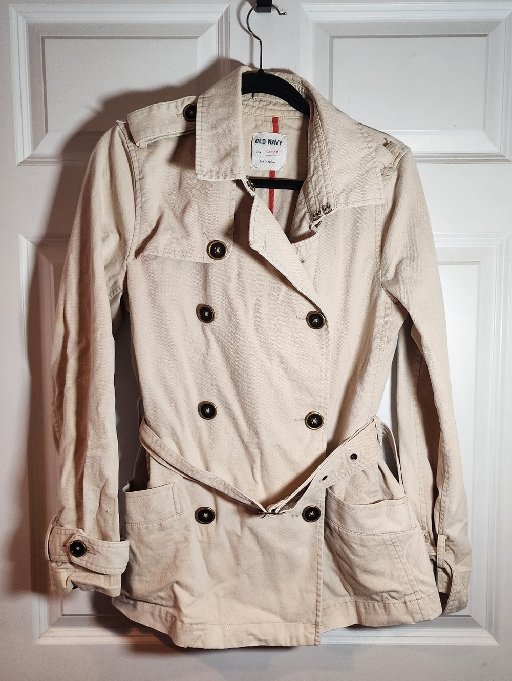 Old Navy Beige Cotton Button Front Belted Jacket Large (Has 2 Minor Flaws)
